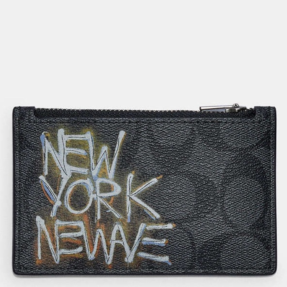 Coach unisex new wave logo monogram leather zip up card holder wallet